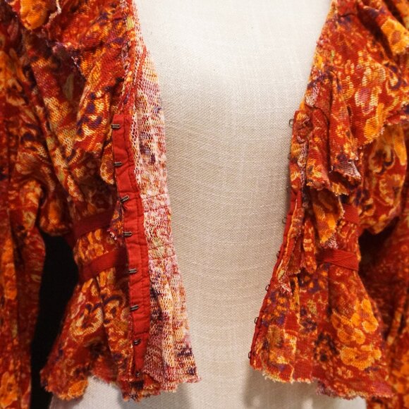 Free People Red Floral Cherry Combo Boho Cardigan Cropped Women’s Small - Picture 6 of 11